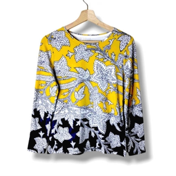 NWT Talbots Long Sleeve Tee PS Yellow Blue Floral Print Casual Top - Picture 2 of 8